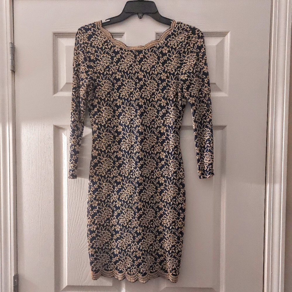 Navy Blue and Gold Embroidered Floral Sparkly 3/4 sleeve dress